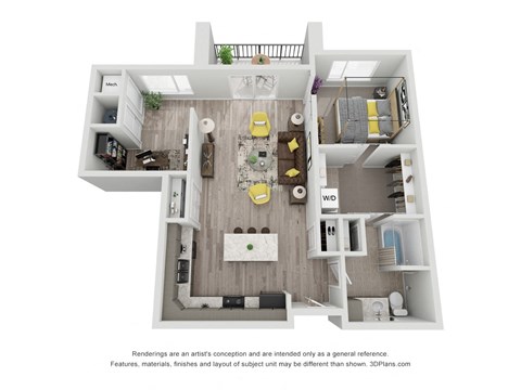 Floor plan for 1 bed, 1 bath, 963 sqft